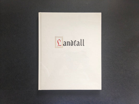 Front cover of Mimi Plumb’s Landfall photobook (TBW Books), white cover with vertical title.