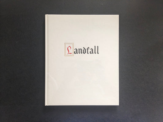 Front cover of Mimi Plumb’s Landfall photobook, white cover with vertical title.