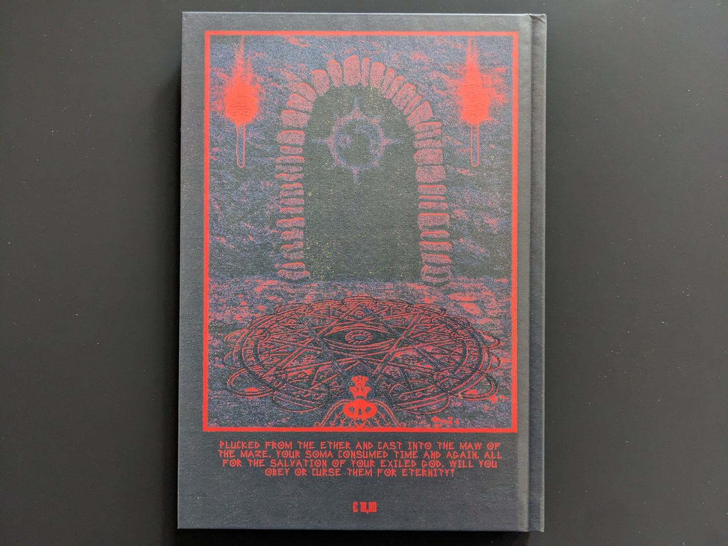 Back cover of Mock Soul: Maze Devil Pilgrimage with an occult maze design and red sigils.