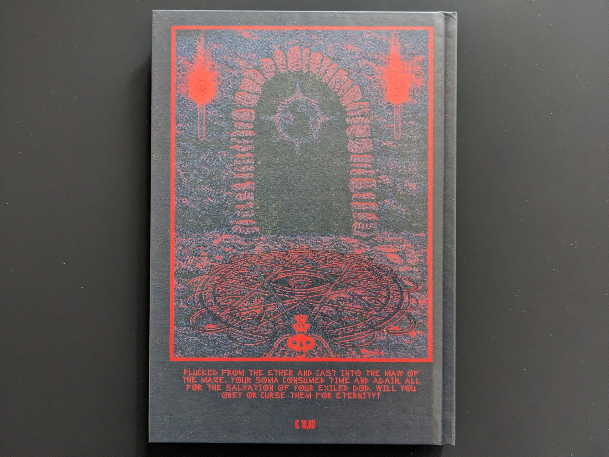 Back cover of Mock Soul: Maze Devil Pilgrimage with an occult maze design and red sigils.