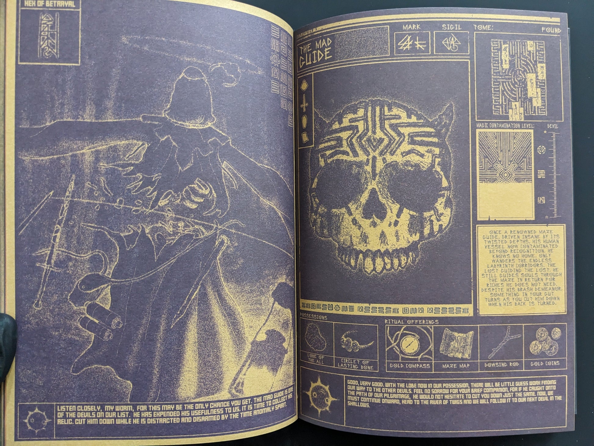 Interior artwork featuring skull illustrations, sigils, and labyrinthine symbols.