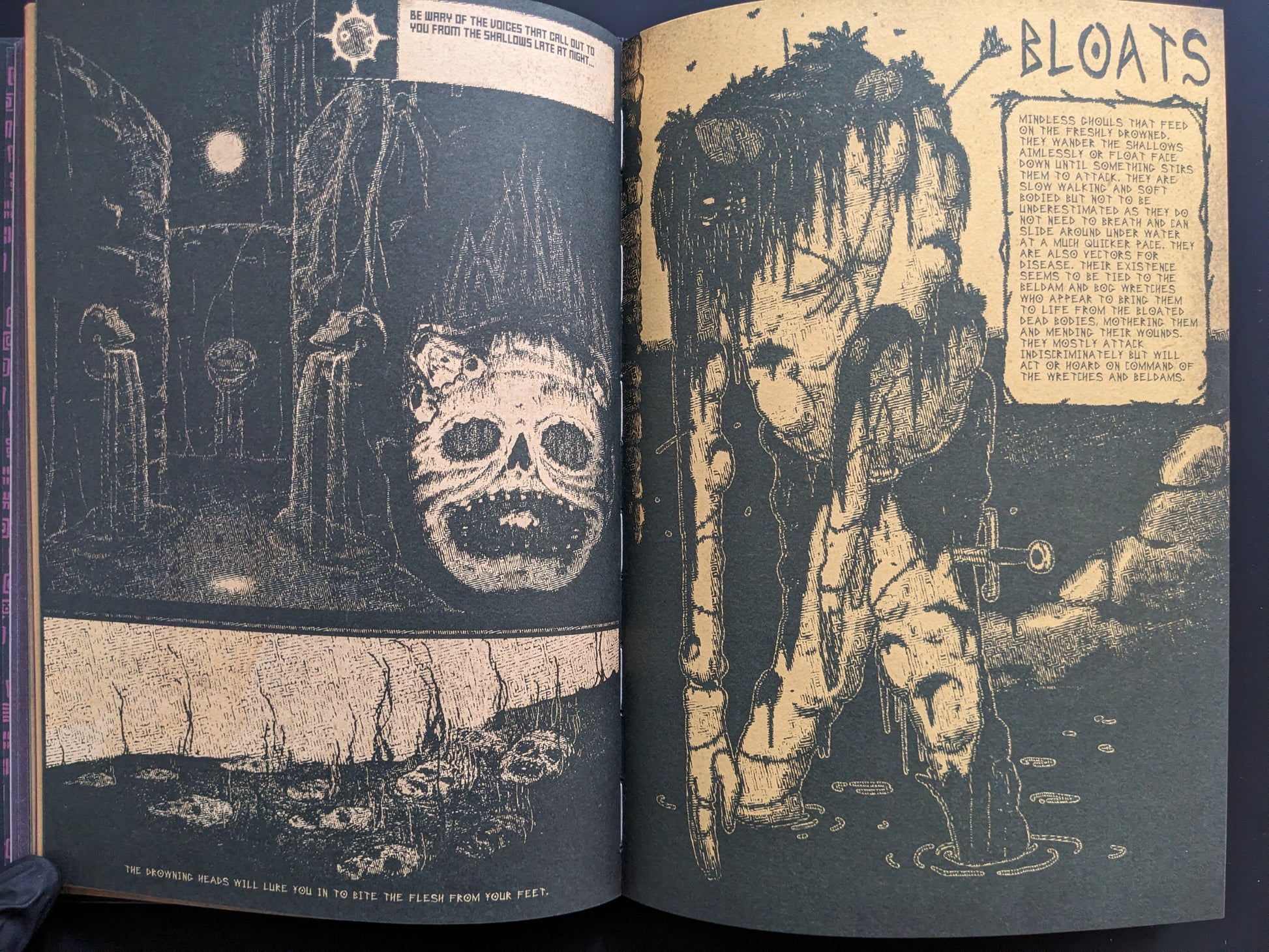 Page with grotesque humanoid figures and skeletal masks in underground settings.