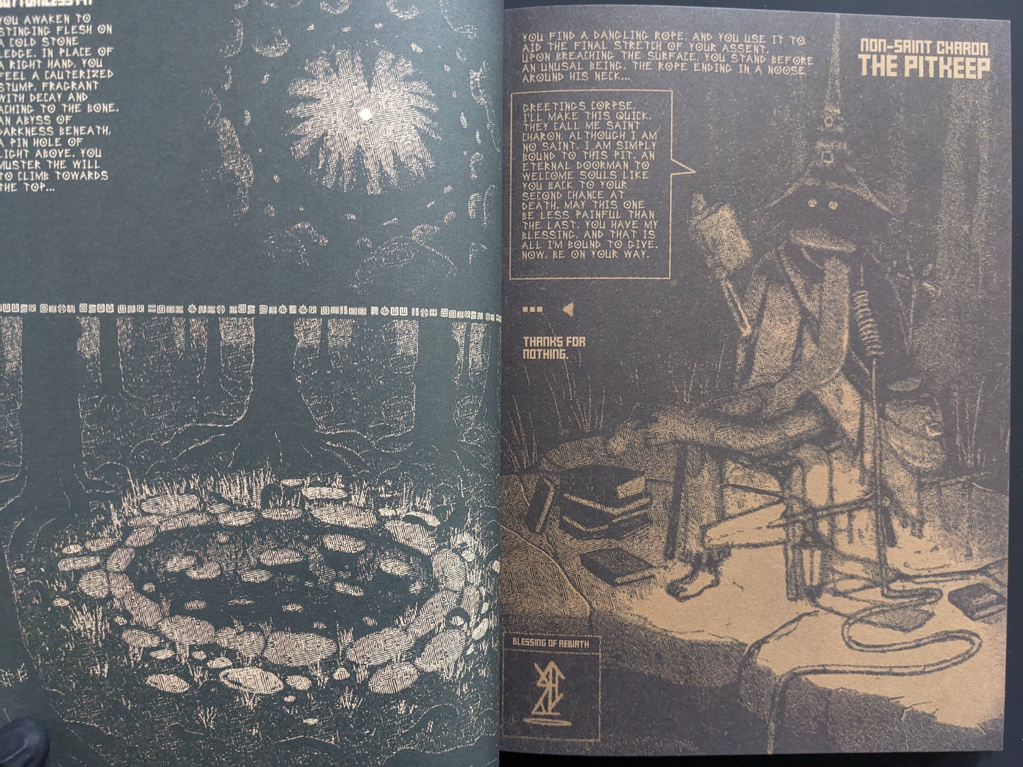 Interior spread with illustrated labyrinth creatures and dungeon maps in golden ink.