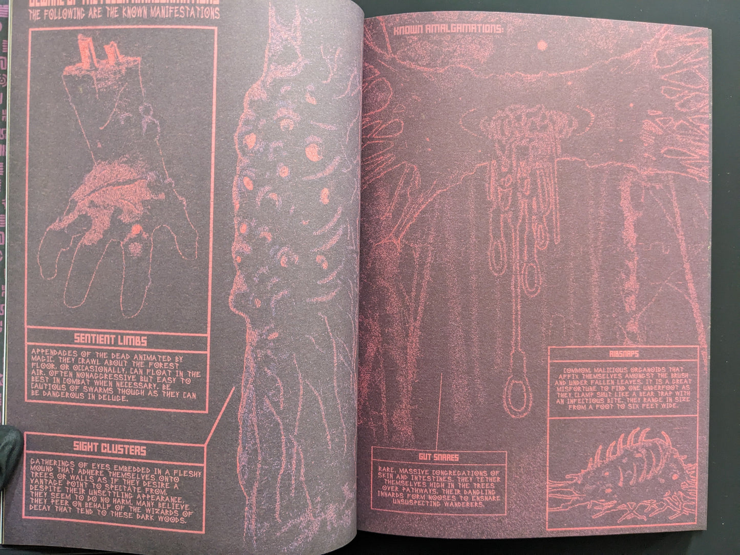 Dark red-ink illustrations with monstrous anatomy sketches and ritual diagrams.