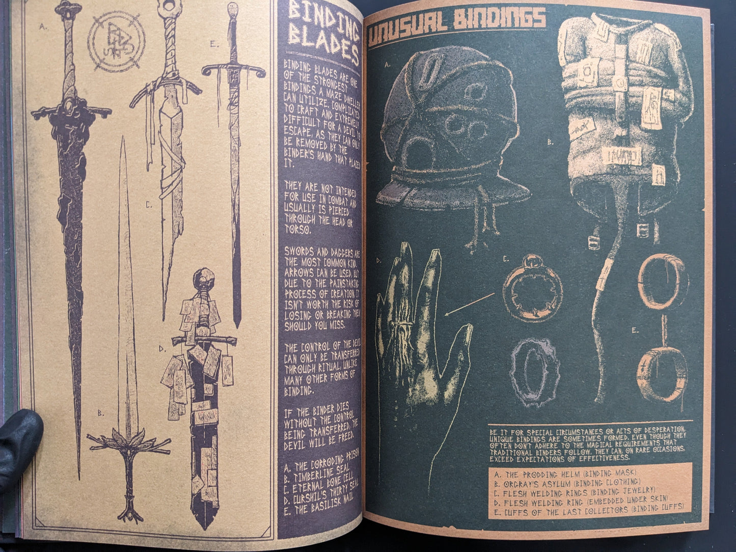 Spread with drawings of blades, bindings, and ritual artifacts in skeletal motifs.