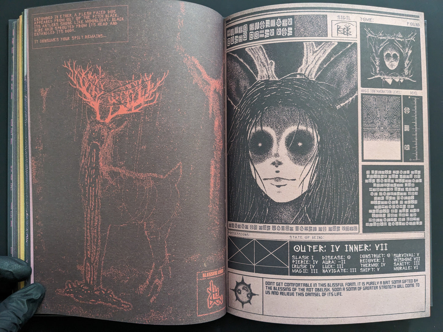 Interior spread with an eerie portrait illustration, occult stats, and labyrinth charts.