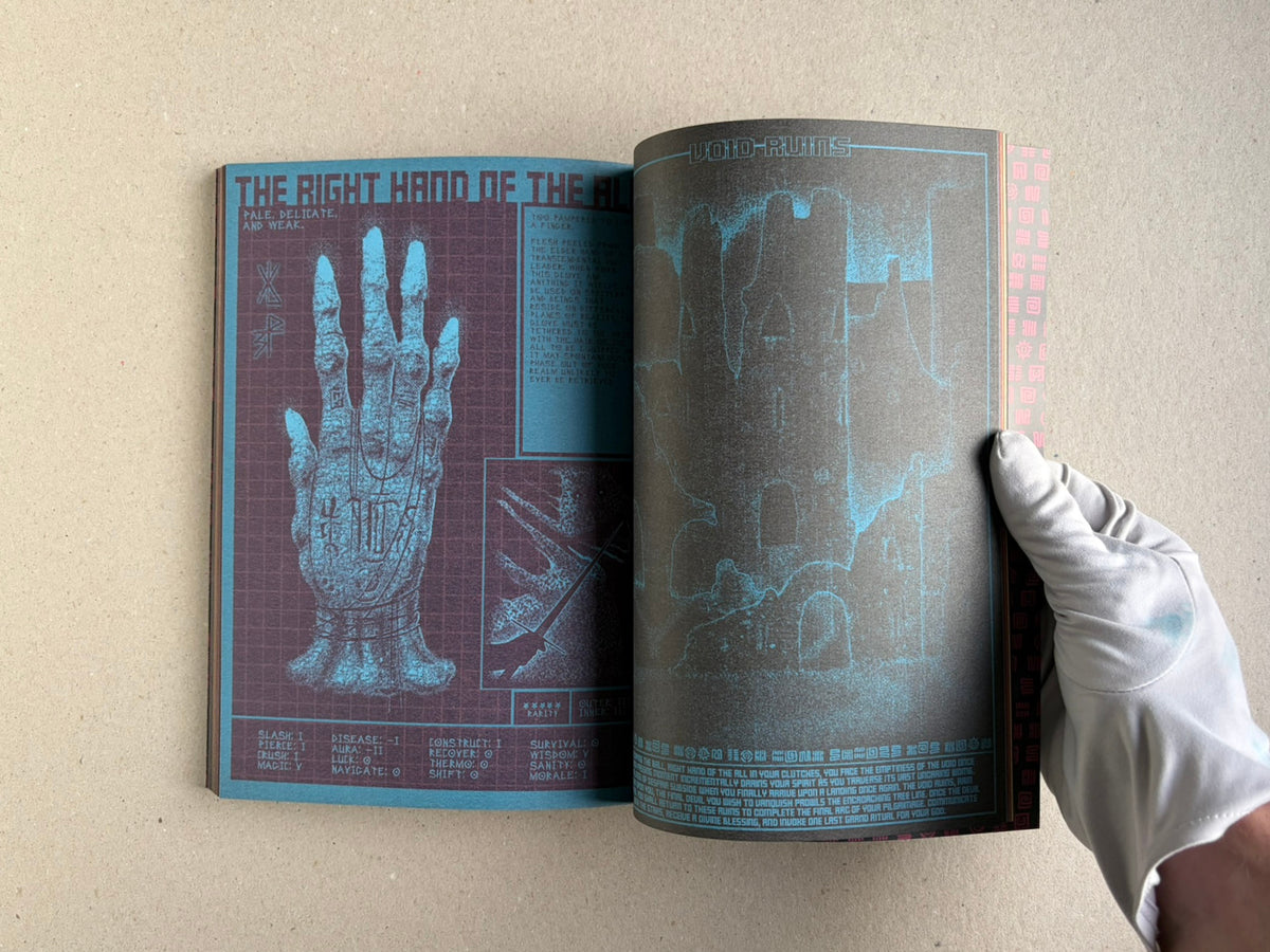 Open spread with a red figure on the left page and a masked character on the right.