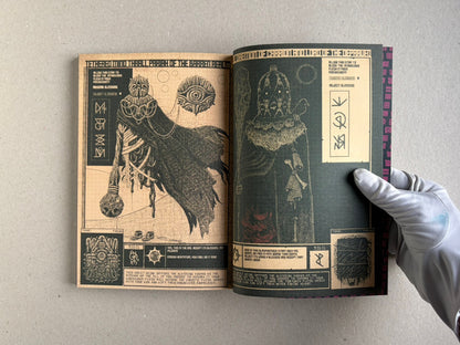 Open spread of interior pages with a figure illustration on the left and a character portrait on the right.