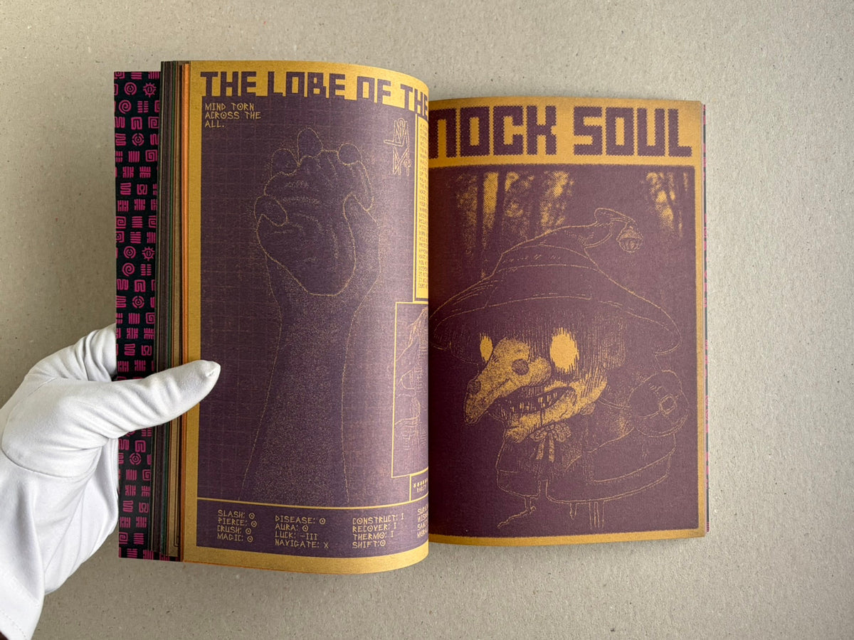 Open spread with a hand illustration on the left page and a skull-like character on the right.