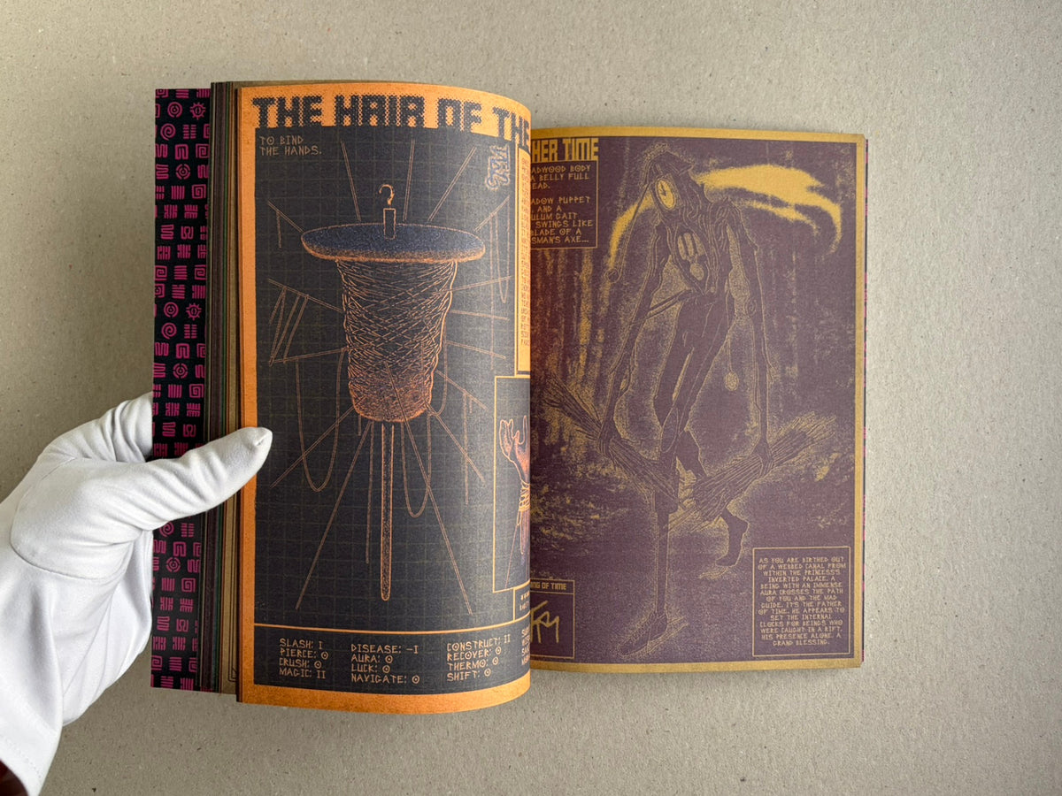 Open spread with a blue hand illustration on the left page and a dark, ruin-like page on the right.