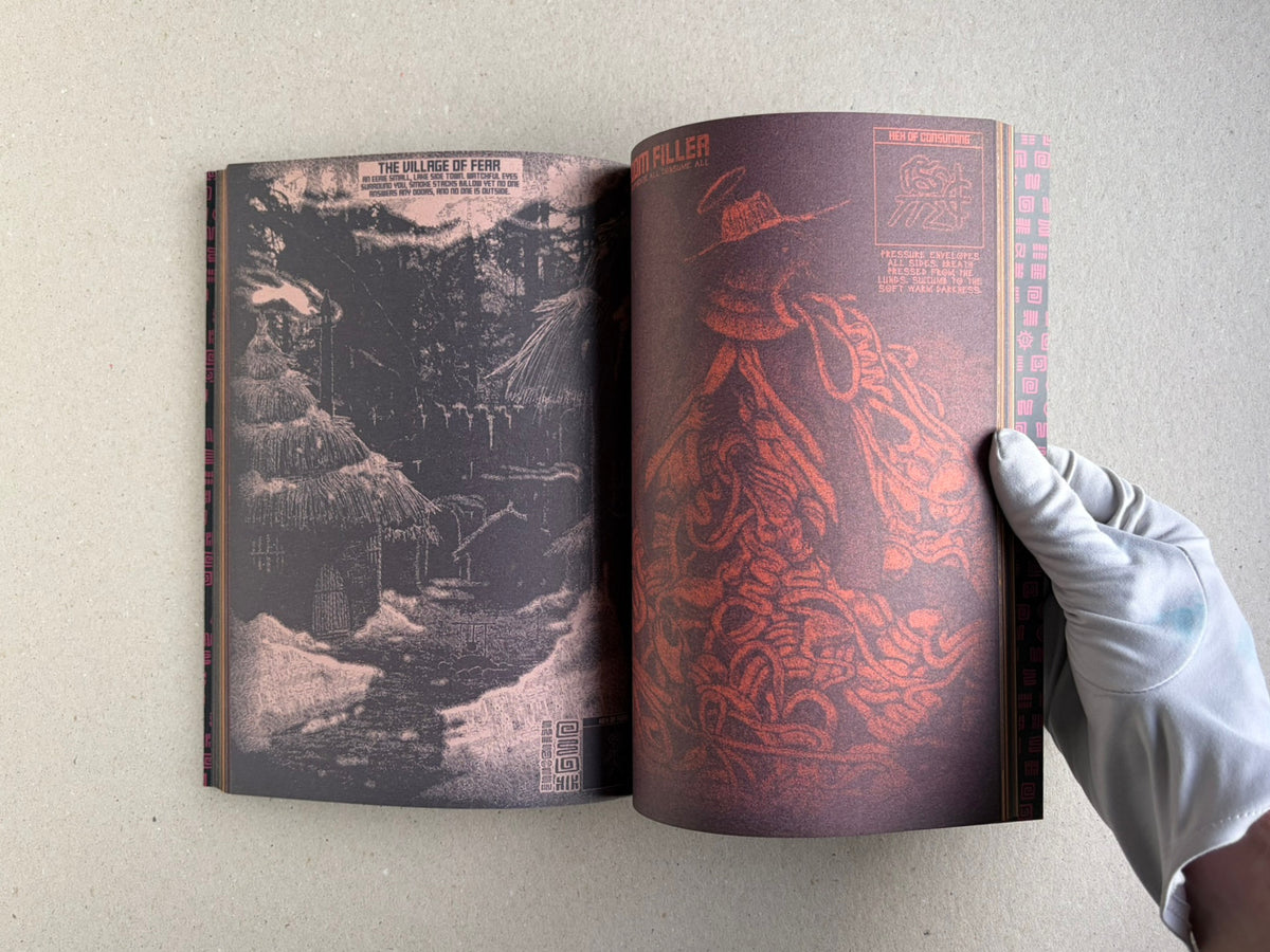 Open spread with a village scene on the left page and a red-toned figure on the right.