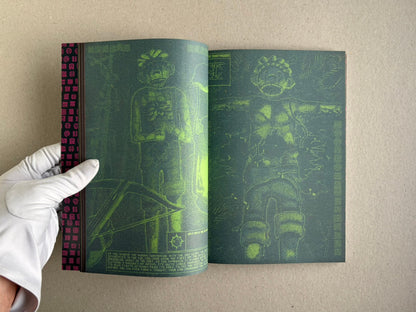Open spread with a red figure on the left page and a character portrait on the right.