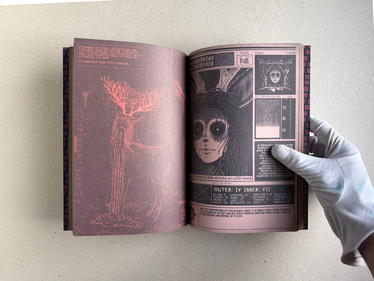 Open spread with a red-toned figure on the left page and a portrait panel layout on the right.