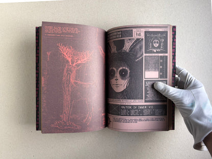 Open spread with a red-toned figure on the left page and a portrait panel layout on the right.