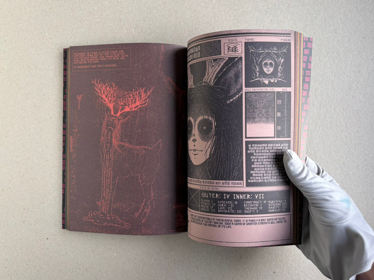 Open spread with a binding tool illustration on the left page and a hooded figure on the right.