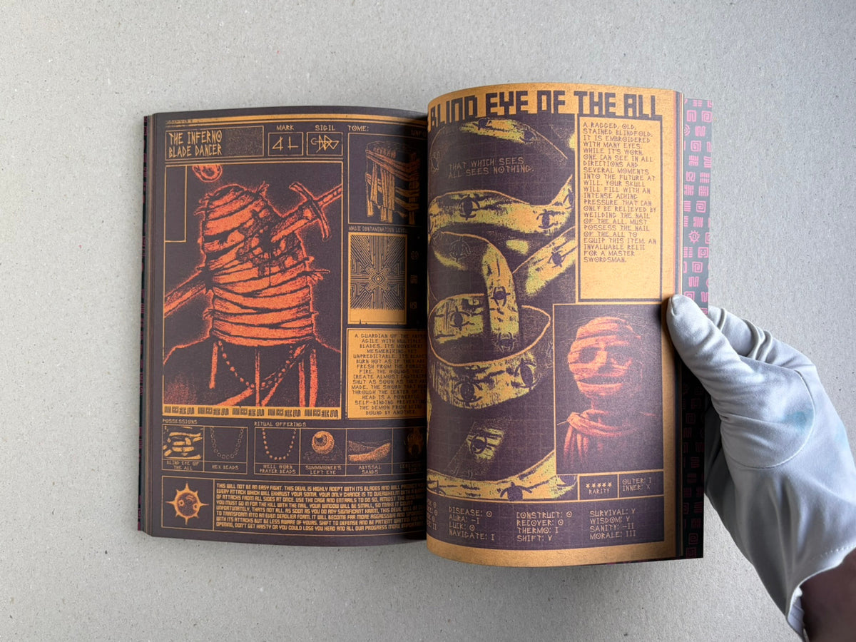 Open spread with a sword illustration on the left page and binding-themed imagery on the right.