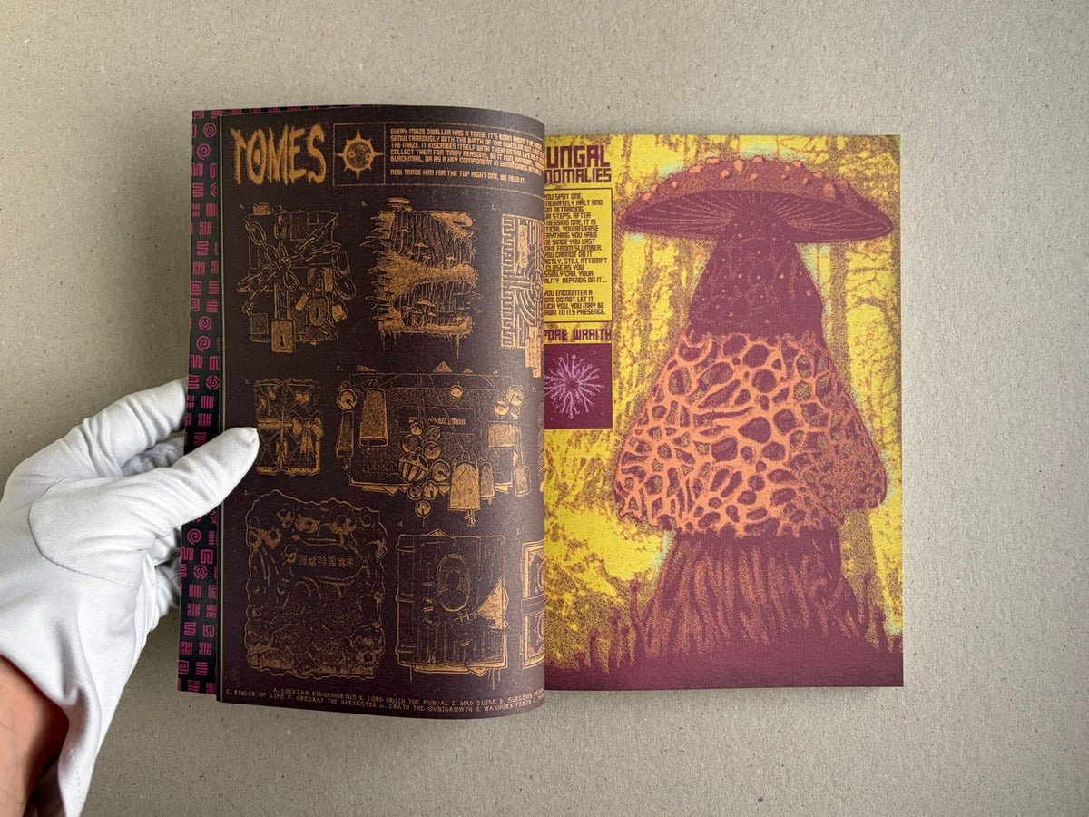 Open spread from Mock Soul "maze devil pilgrimage" softcover, showing illustrated interior pages.