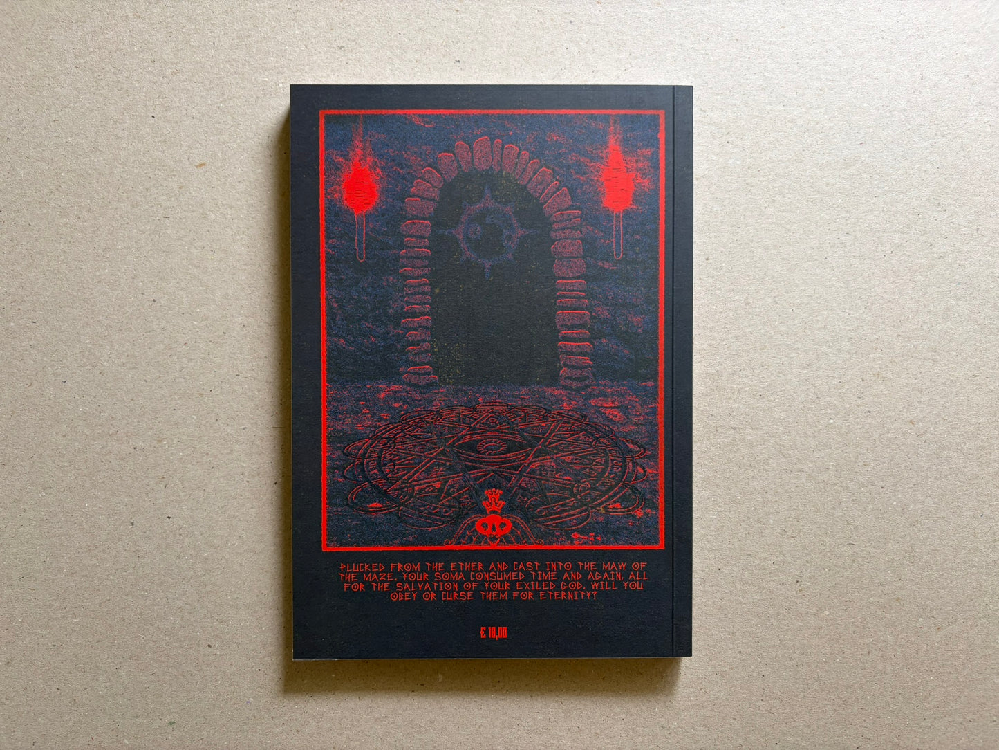 Back cover of Mock Soul "maze devil pilgrimage" softcover, with a red border, a maze-like arch illustration, and a short blurb at the bottom.