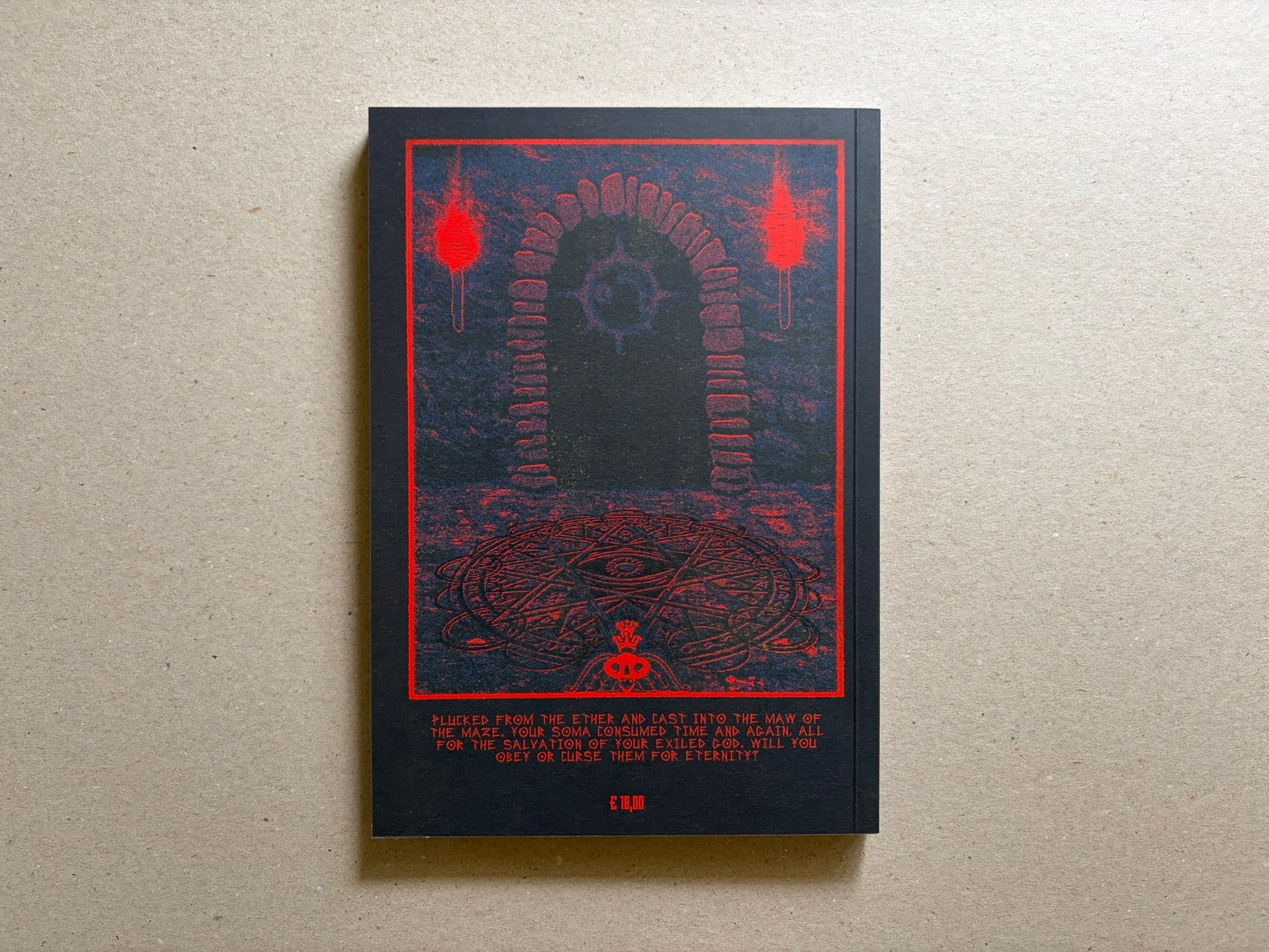 Back cover of Mock Soul "maze devil pilgrimage" softcover, with a red border, a maze-like arch illustration, and a short blurb at the bottom.