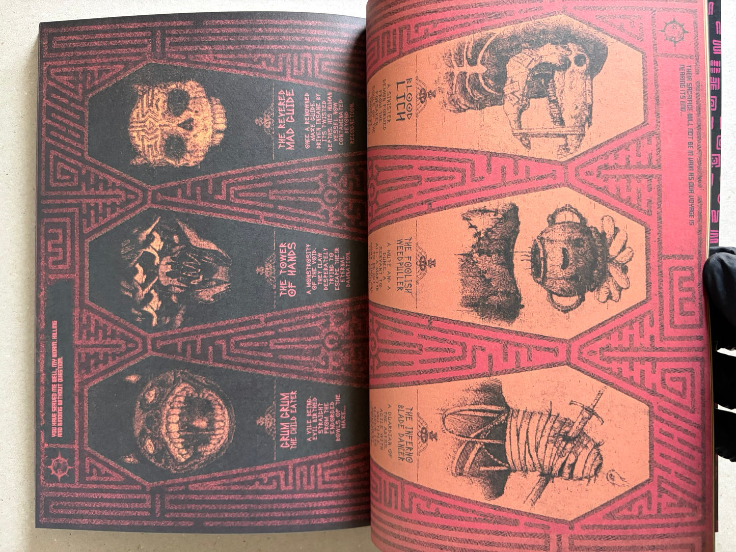 Interior spread of Mock Soul "maze devil pilgrimage" with skull and hand studies on both pages, framed by red maze-like borders.
