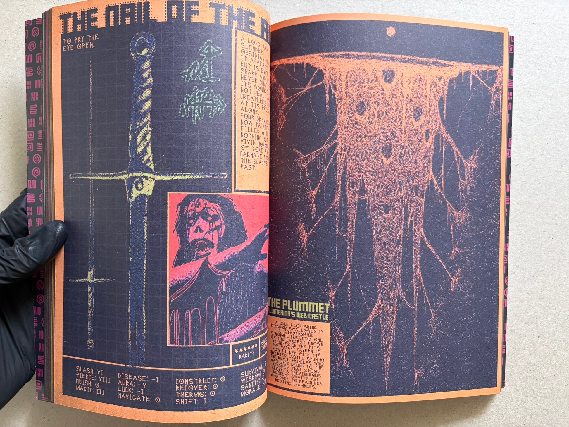 Interior spread of Mock Soul "maze devil pilgrimage" with a sword on the left page and a tall webbed figure on the right page.