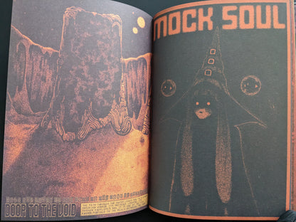 Spread from Mock Soul – Maze Devil Pilgrimage depicting the "Door to the Void" and a robed figure with a pointed hat under the title Mock Soul.