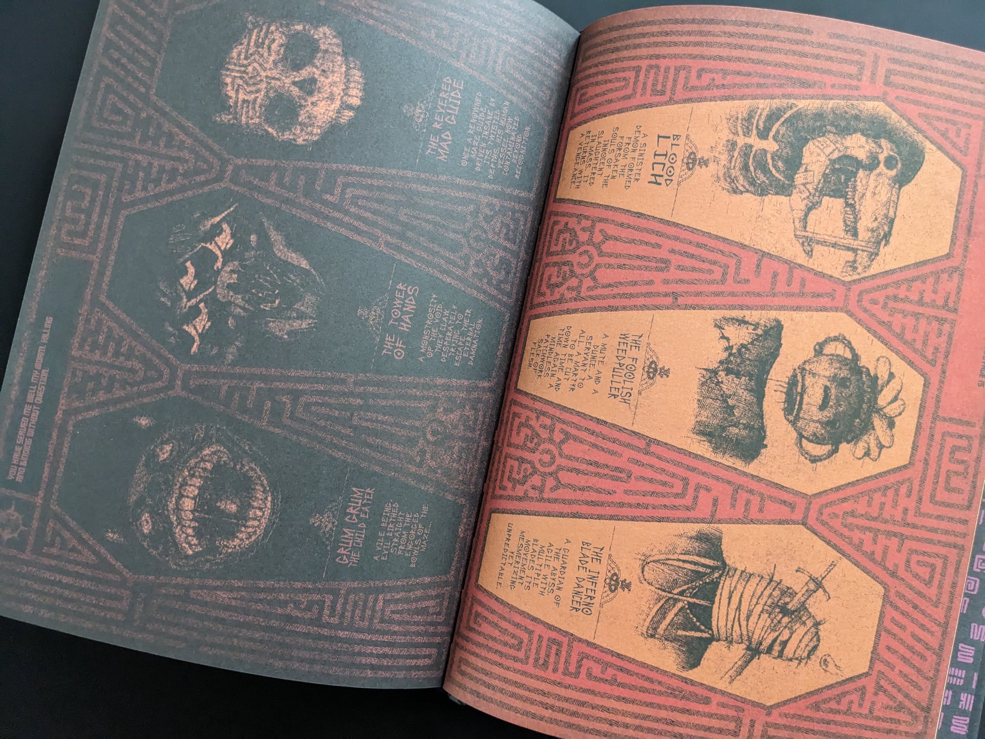 Page spread from Mock Soul – Maze Devil Pilgrimage with coffin-shaped panels showing monstrous characters like Blood Lich and Tower of Hands.