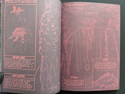 Dark red-ink illustrations from Mock Soul: Maze Devil Pilgrimage with monstrous anatomy sketches and ritual diagrams.