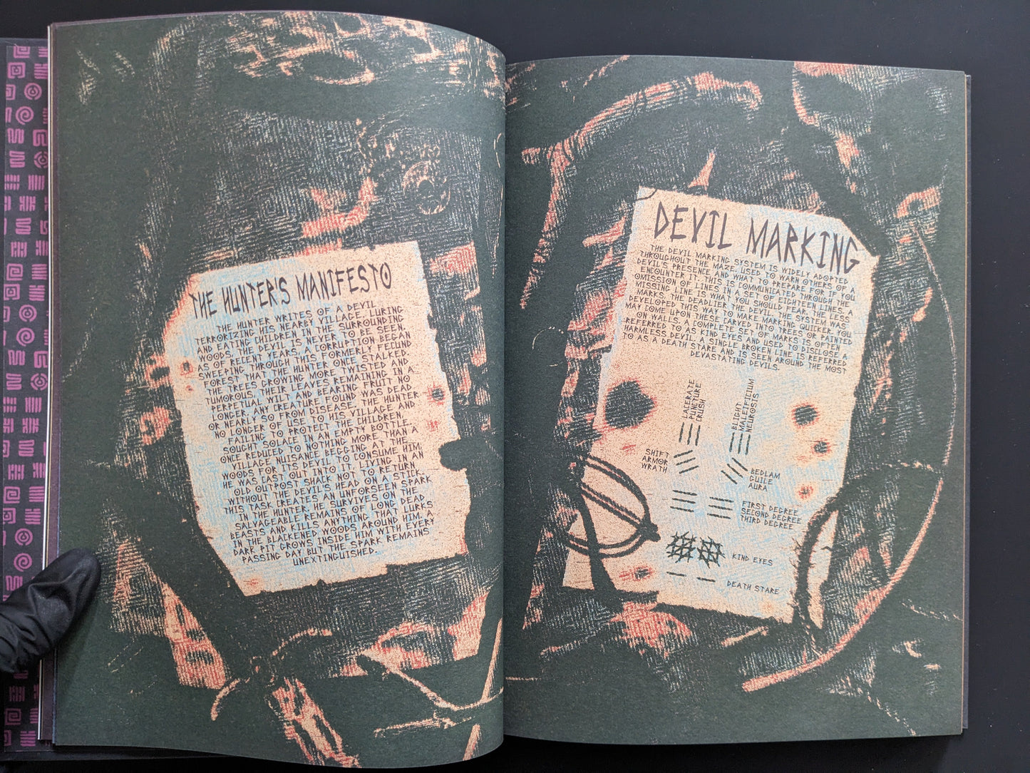 Page from Mock Soul: Maze Devil Pilgrimage showing occult manuscripts and “Devil Marking” symbols in textured style.