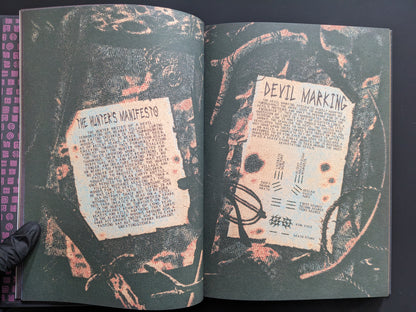 Page from Mock Soul: Maze Devil Pilgrimage showing occult manuscripts and “Devil Marking” symbols in textured style.