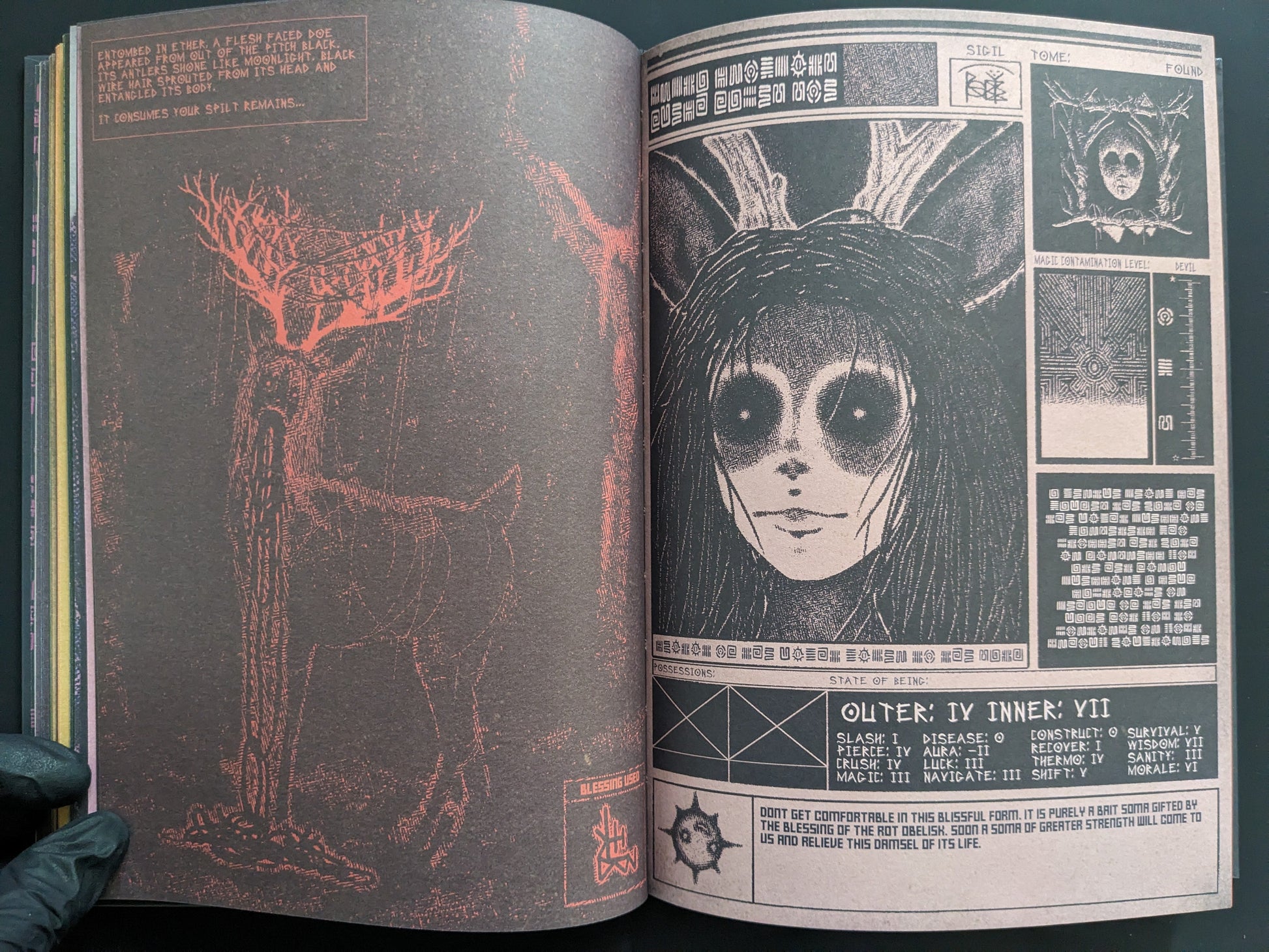 Interior spread of Mock Soul: Maze Devil Pilgrimage showing eerie portrait illustration with occult stats and labyrinth charts.