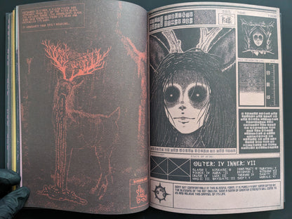 Interior spread of Mock Soul: Maze Devil Pilgrimage showing eerie portrait illustration with occult stats and labyrinth charts.