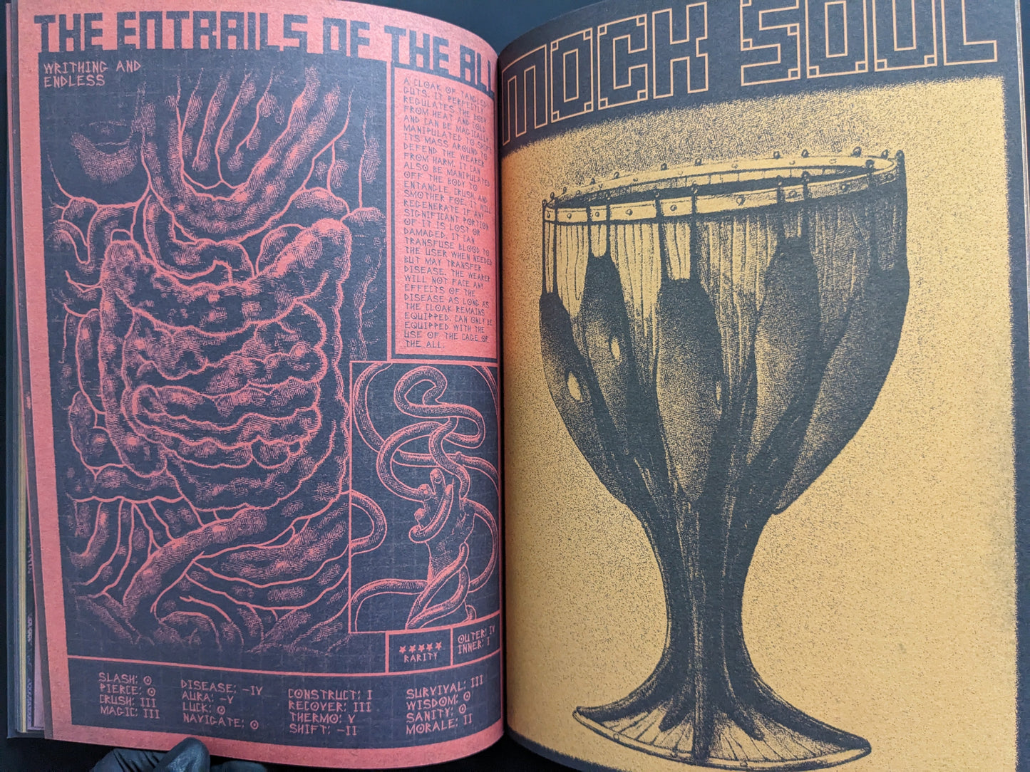 Interior page of Mock Soul – Maze Devil Pilgrimage showing dark fantasy illustrations of a strange organic vessel and red anatomical intestines titled "The Entrails of the Abyss".