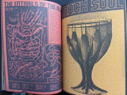 Interior page of Mock Soul – Maze Devil Pilgrimage showing dark fantasy illustrations of a strange organic vessel and red anatomical intestines titled "The Entrails of the Abyss".