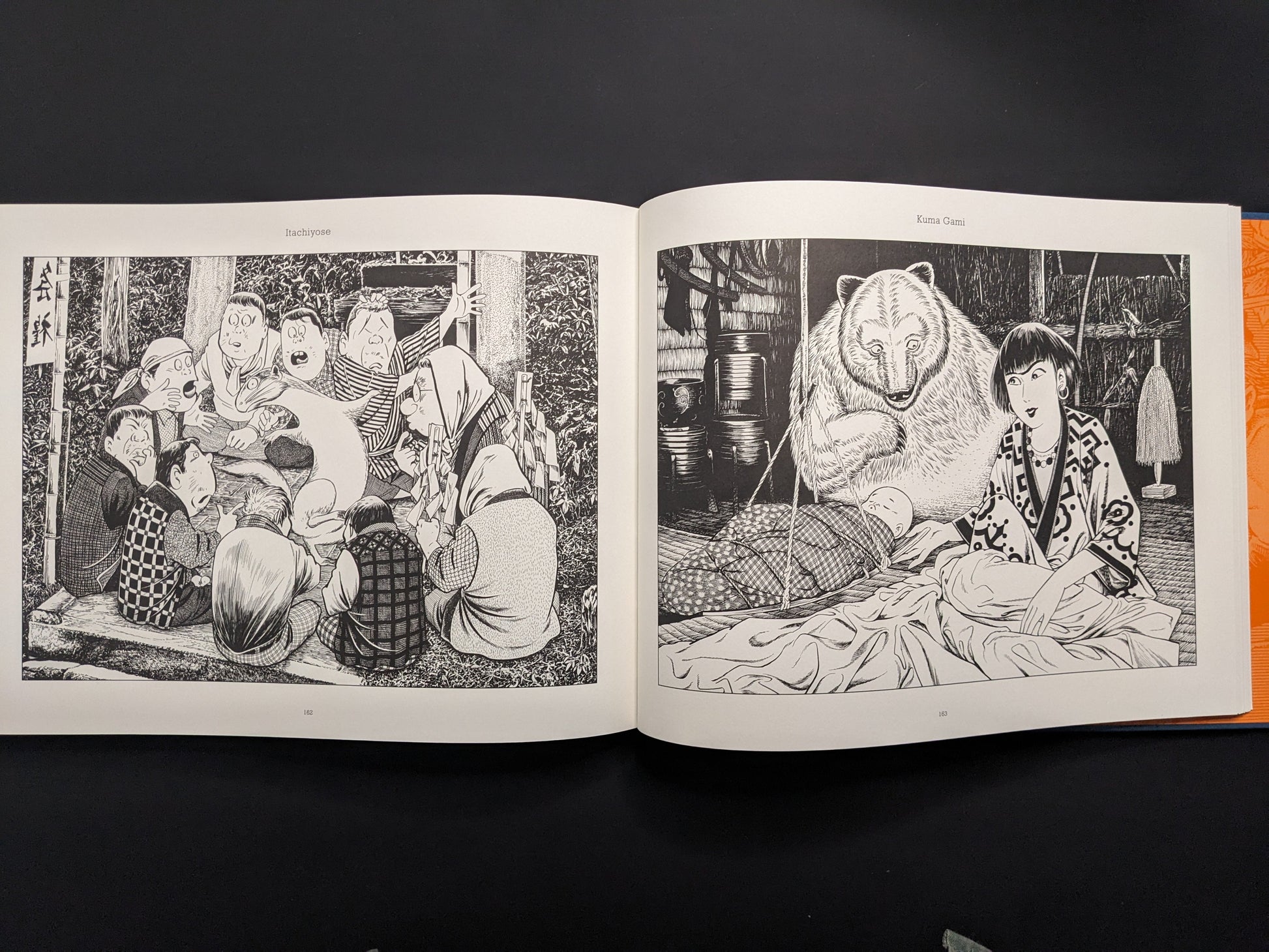 Open book displaying black and white illustrations on a dark background