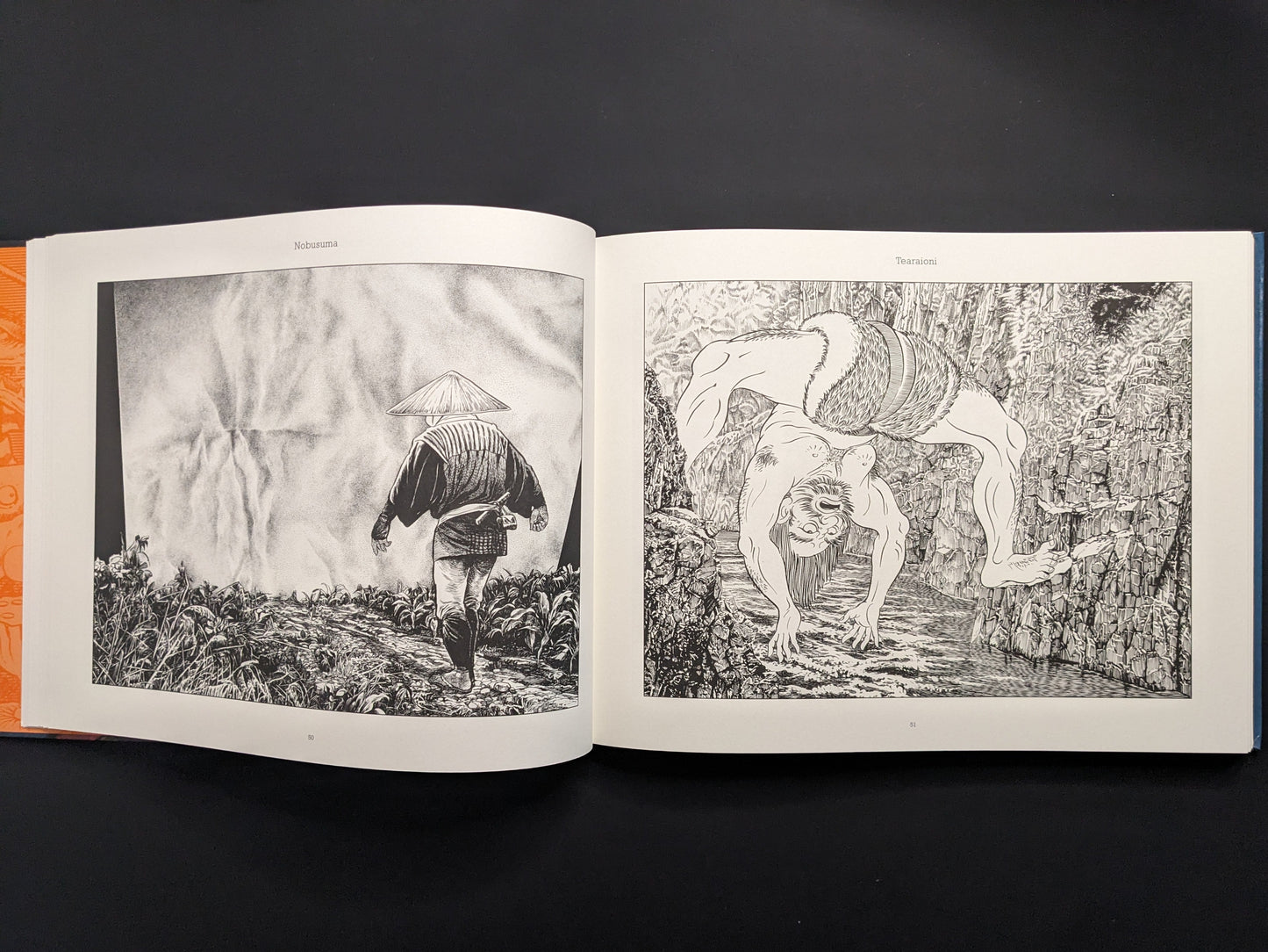 Black and white illustration from Mononoke by Shigeru Mizuki showing a farmer with straw hat walking toward a mountain