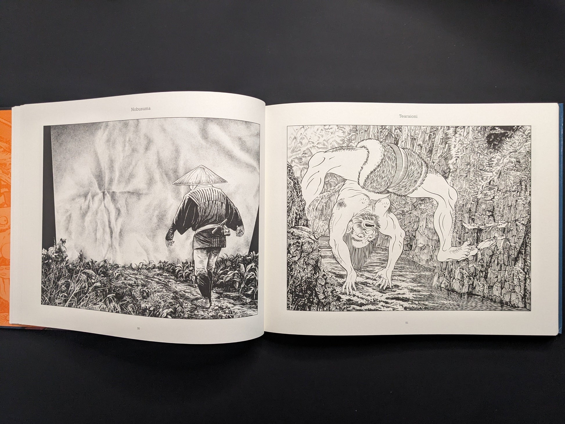 Black and white illustration from Mononoke by Shigeru Mizuki showing a farmer with straw hat walking toward a mountain