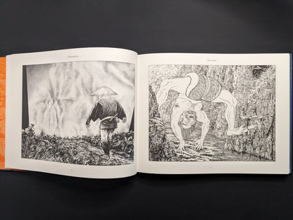 Black and white illustration from Mononoke by Shigeru Mizuki showing a farmer with straw hat walking toward a mountain
