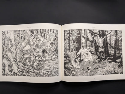 Black and white illustration from Mononoke by Shigeru Mizuki showing a yokai entangled in tree roots