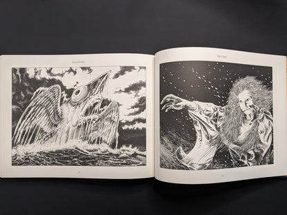 Illustration aus Mononoke von Shigeru Mizuki: „Yuki Onna“, Geistfrau im Schneesturm mit ausgestreckter Hand.