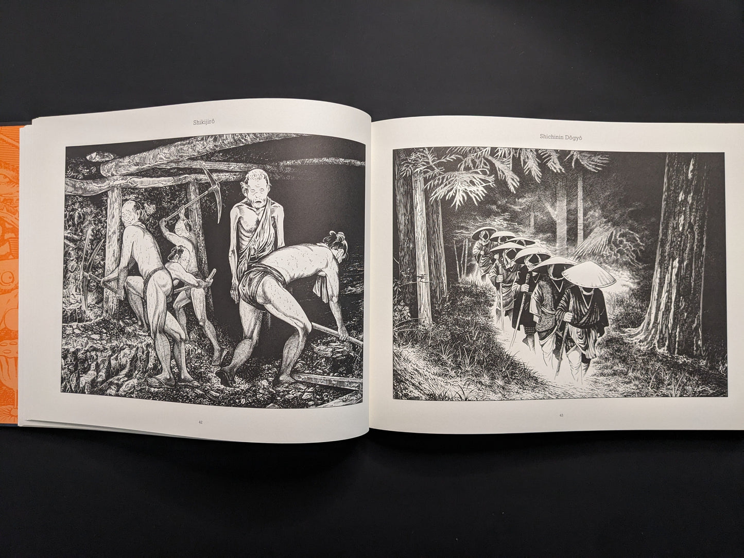 Double page with yokai Shutendoji and samurai procession (daimyo)