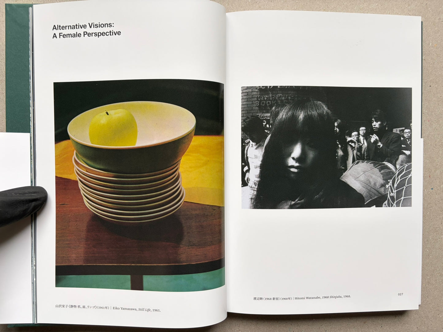 Interior spread titled Alternative Visions: A Female Perspective, with a colour still life on the left and a black-and-white portrait on the right.