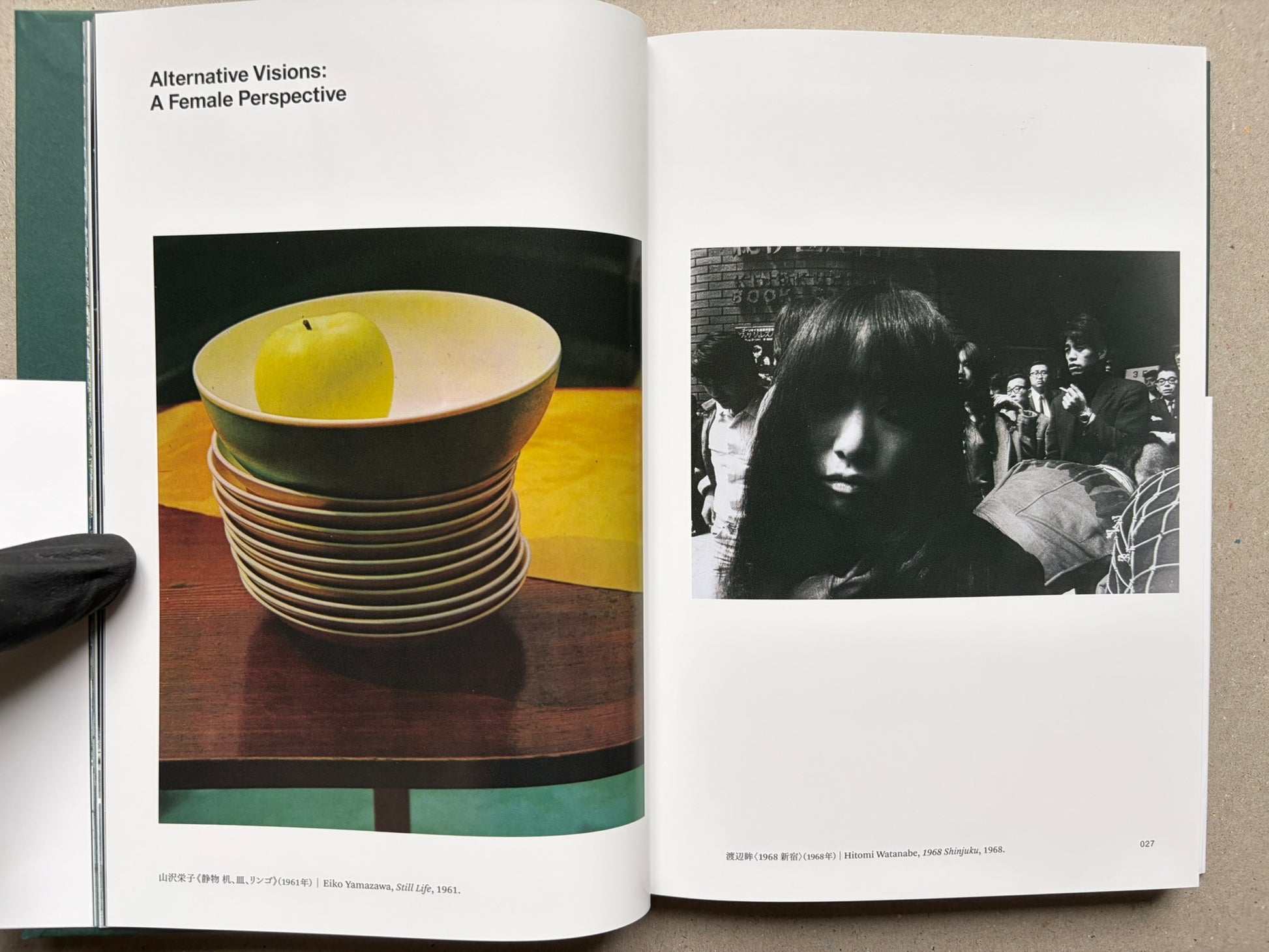 Interior spread titled Alternative Visions: A Female Perspective, with a colour still life on the left and a black-and-white portrait on the right.