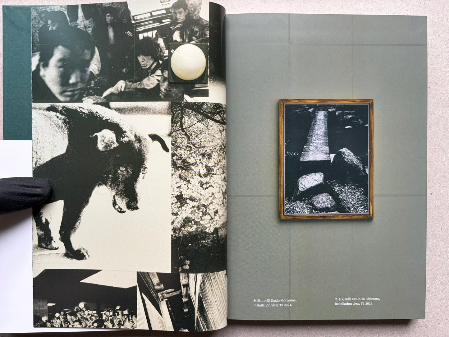Open spread from More Than One World – New Japanese Photography 50 Years On, with installation photographs and a black-and-white image of a framed work.