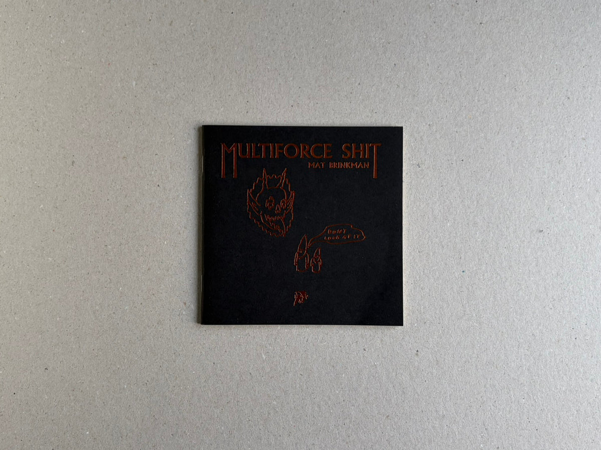 Front cover of Multiforce Shit by Mat Brinkman, shown as a black square booklet with red lettering and line drawings.