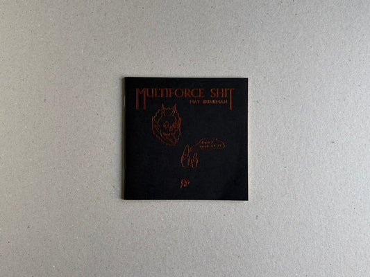 Front cover of Multiforce Shit by Mat Brinkman, shown as a black square booklet with red lettering and line drawings.