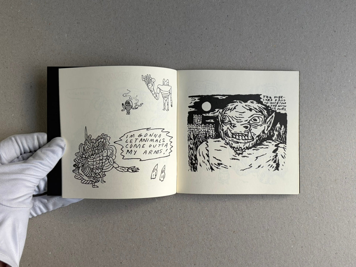 Open sketchbook spread from Multiforce Shit by Mat Brinkman, showing black-and-white drawings on two pages.