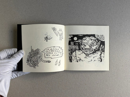 Open sketchbook spread from Multiforce Shit by Mat Brinkman, showing black-and-white drawings on two pages.