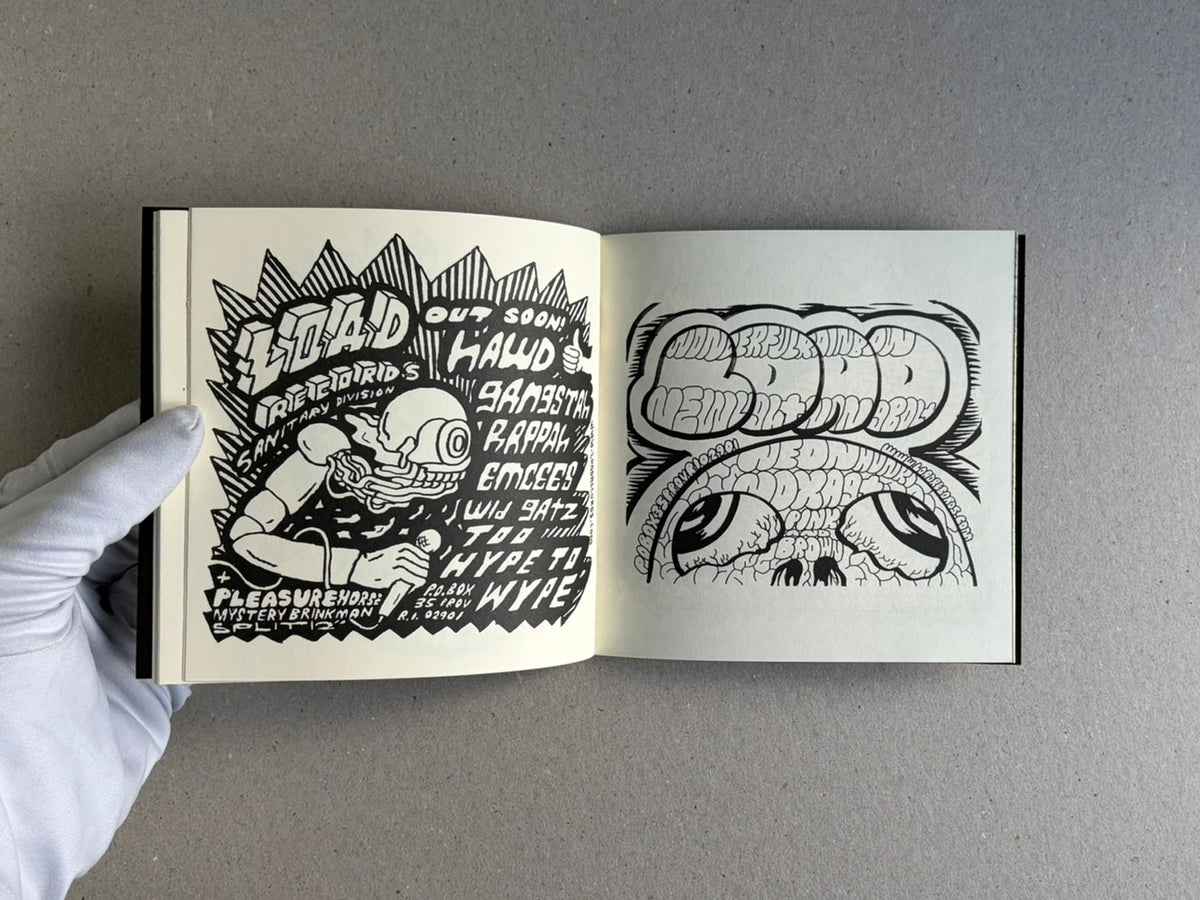 Open sketchbook spread from Multiforce Shit – Mat Brinkman – Sketch Collection, showing black-and-white drawings on two pages.