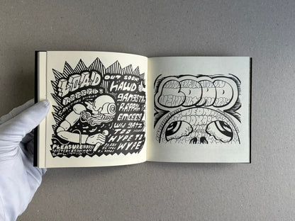 Open sketchbook spread from Multiforce Shit – Mat Brinkman – Sketch Collection, showing black-and-white drawings on two pages.